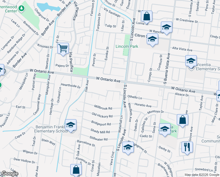 map of restaurants, bars, coffee shops, grocery stores, and more near 1114 West Ontario Avenue in Corona