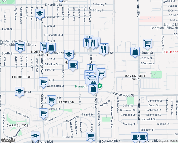 map of restaurants, bars, coffee shops, grocery stores, and more near 1941 East 56th Street in Long Beach