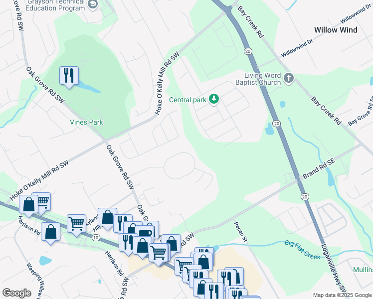 map of restaurants, bars, coffee shops, grocery stores, and more near 295 Shadowbrooke Circle Southwest in Loganville