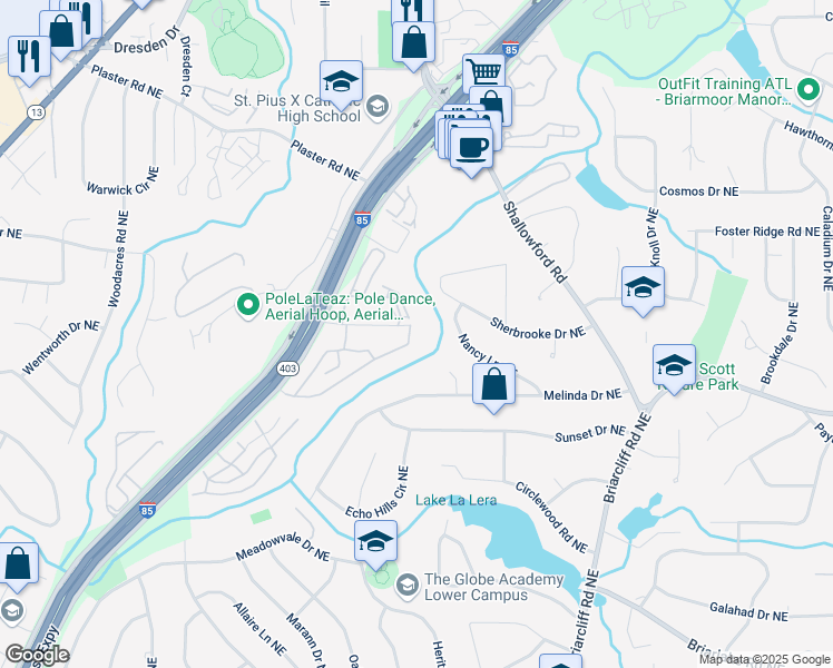 map of restaurants, bars, coffee shops, grocery stores, and more near 2412 Peachwood Circle Northeast in Atlanta