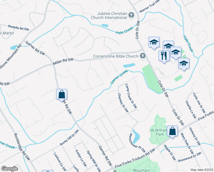 map of restaurants, bars, coffee shops, grocery stores, and more near 918 Guinevere Way Southwest in Lilburn