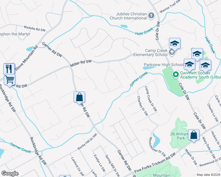 map of restaurants, bars, coffee shops, grocery stores, and more near 924 Newcastle Drive Southwest in Lilburn