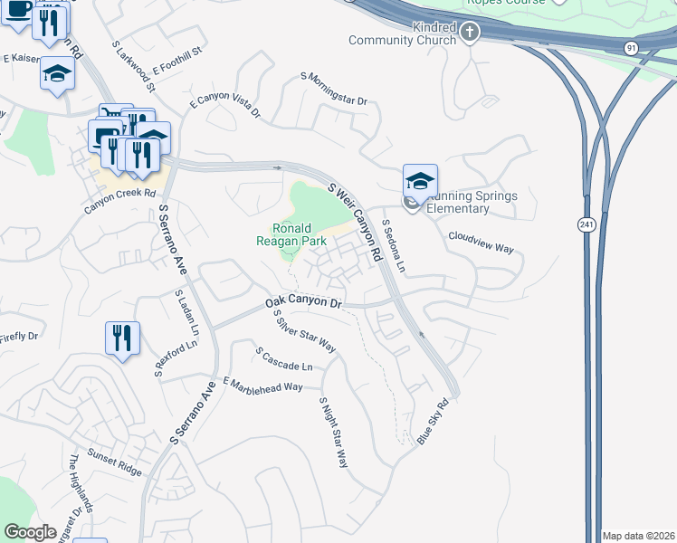 map of restaurants, bars, coffee shops, grocery stores, and more near 949 South Pagossa Way in Anaheim
