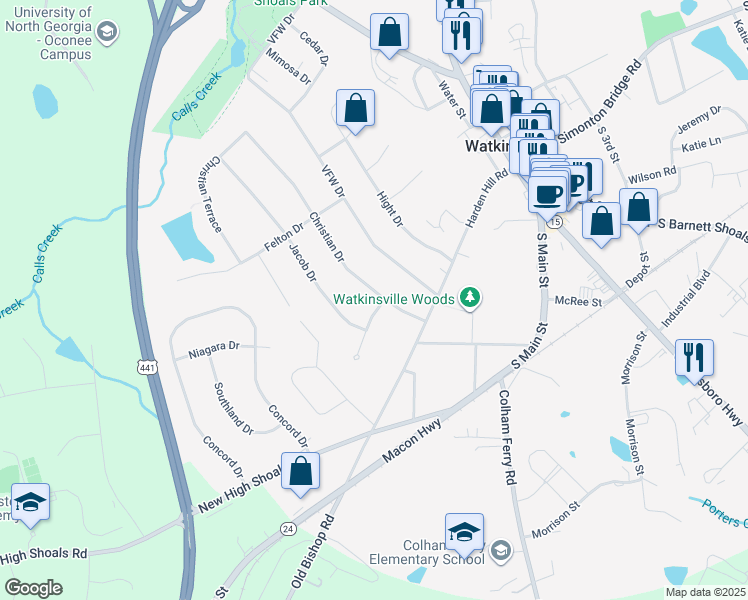 map of restaurants, bars, coffee shops, grocery stores, and more near 1071 Christian Drive in Watkinsville