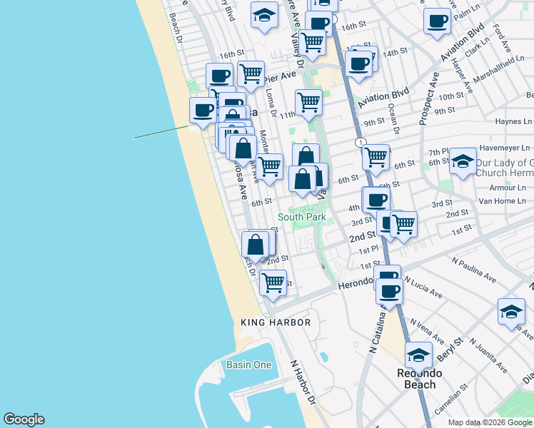 map of restaurants, bars, coffee shops, grocery stores, and more near 508 Manhattan Avenue in Hermosa Beach