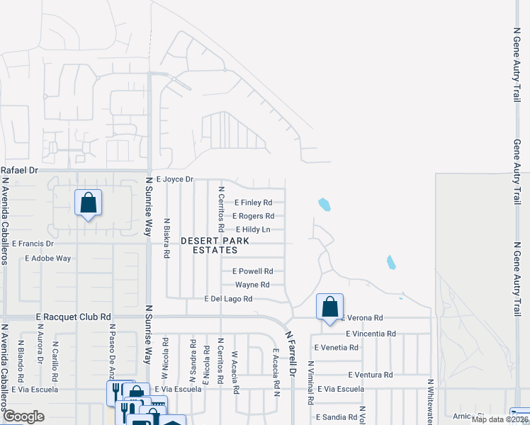 map of restaurants, bars, coffee shops, grocery stores, and more near 2326 East Finley Road in Palm Springs