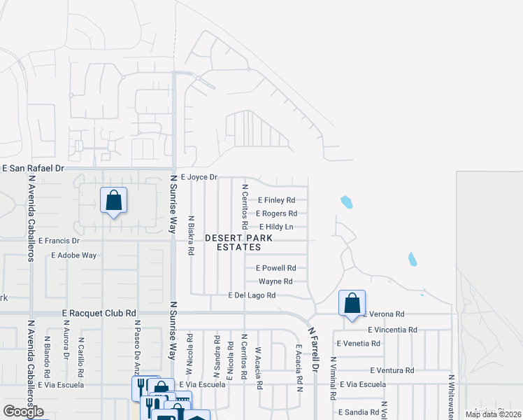 map of restaurants, bars, coffee shops, grocery stores, and more near 2180 East Finley Road in Palm Springs