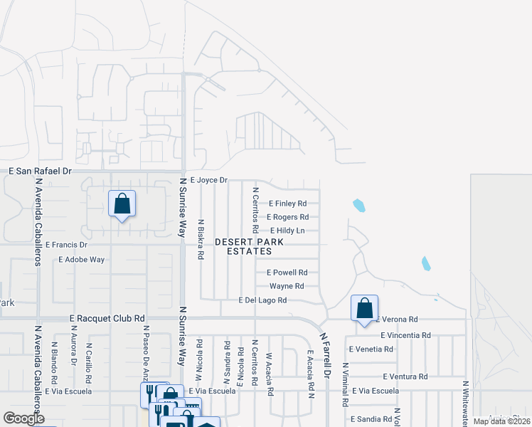 map of restaurants, bars, coffee shops, grocery stores, and more near 2180 East Finley Road in Palm Springs