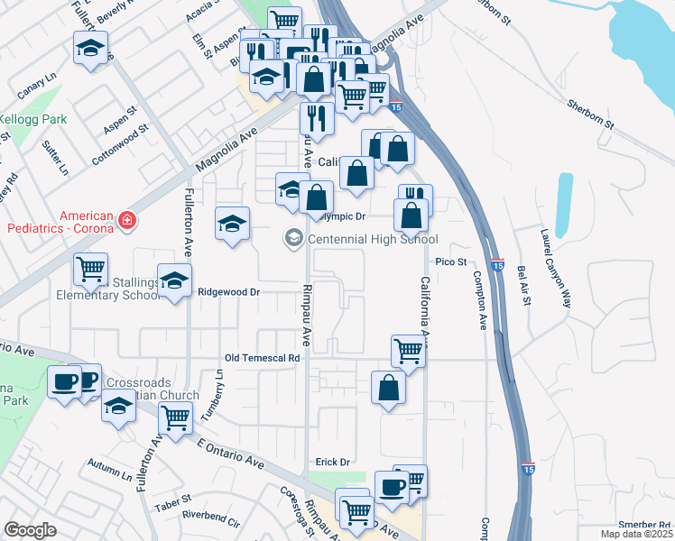 map of restaurants, bars, coffee shops, grocery stores, and more near 1172 Chestnut Lane in Corona
