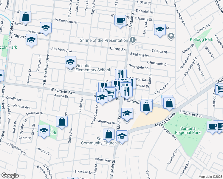 map of restaurants, bars, coffee shops, grocery stores, and more near 272 Pueblo Road in Corona