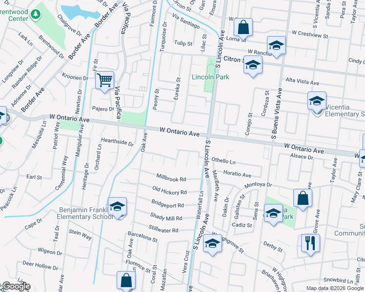 map of restaurants, bars, coffee shops, grocery stores, and more near 1148-1204 West Ontario Avenue in Corona