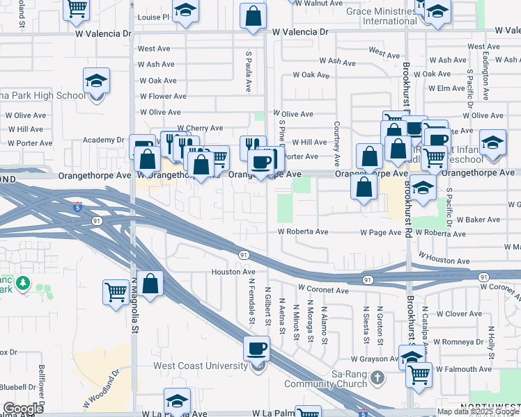 map of restaurants, bars, coffee shops, grocery stores, and more near 2369 Iris Court in Fullerton
