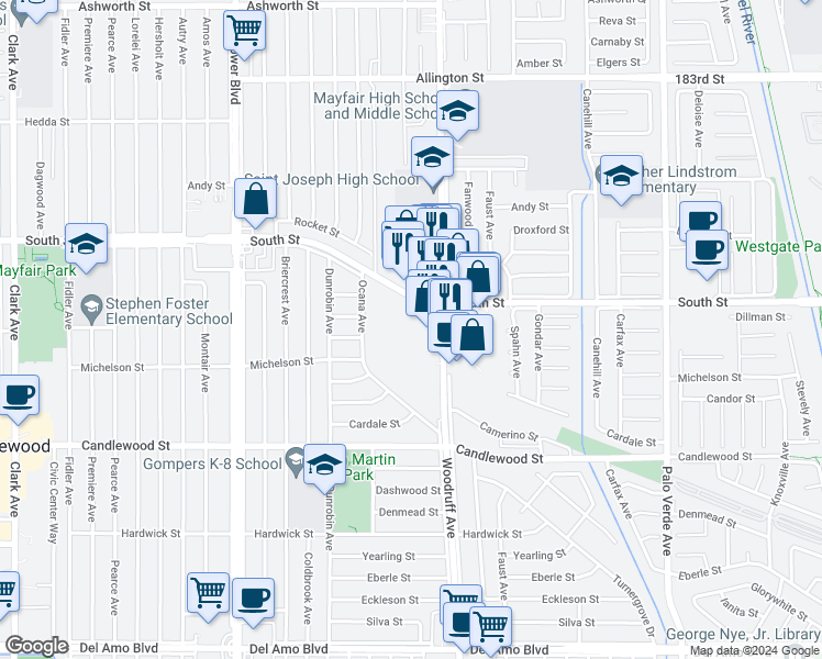 map of restaurants, bars, coffee shops, grocery stores, and more near 5800 South Street in Lakewood