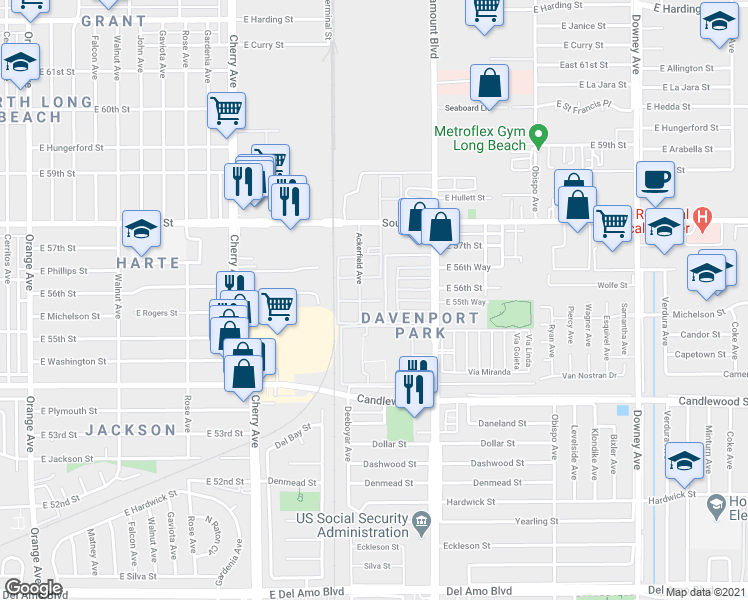 map of restaurants, bars, coffee shops, grocery stores, and more near 5530 Ackerfield Avenue in Long Beach