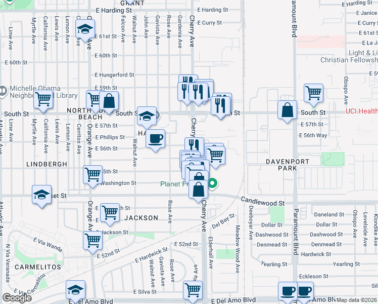 map of restaurants, bars, coffee shops, grocery stores, and more near 1941 East 56th Street in Long Beach