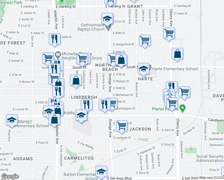 map of restaurants, bars, coffee shops, grocery stores, and more near 4 East 56th Street in Long Beach