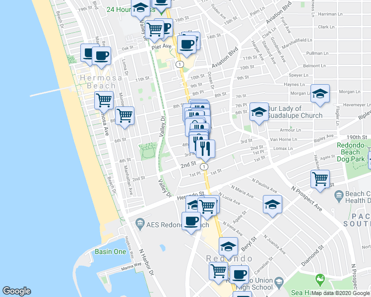 map of restaurants, bars, coffee shops, grocery stores, and more near 707 4th Street in Hermosa Beach
