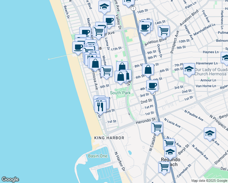 map of restaurants, bars, coffee shops, grocery stores, and more near 312 6th Street in Hermosa Beach