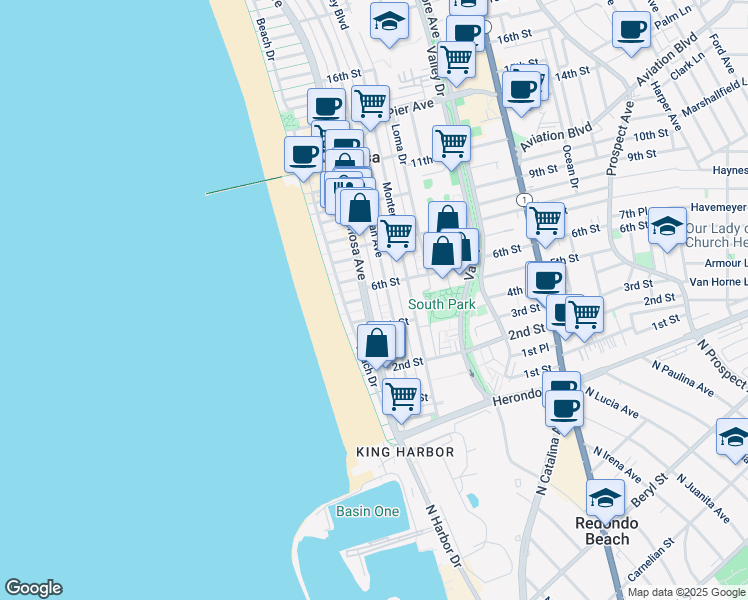 map of restaurants, bars, coffee shops, grocery stores, and more near 601 Manhattan Avenue in Hermosa Beach