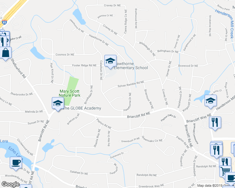 map of restaurants, bars, coffee shops, grocery stores, and more near 2867 Sylvan Ramble Rd NE in Atlanta