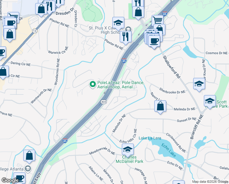 map of restaurants, bars, coffee shops, grocery stores, and more near in DeKalb County
