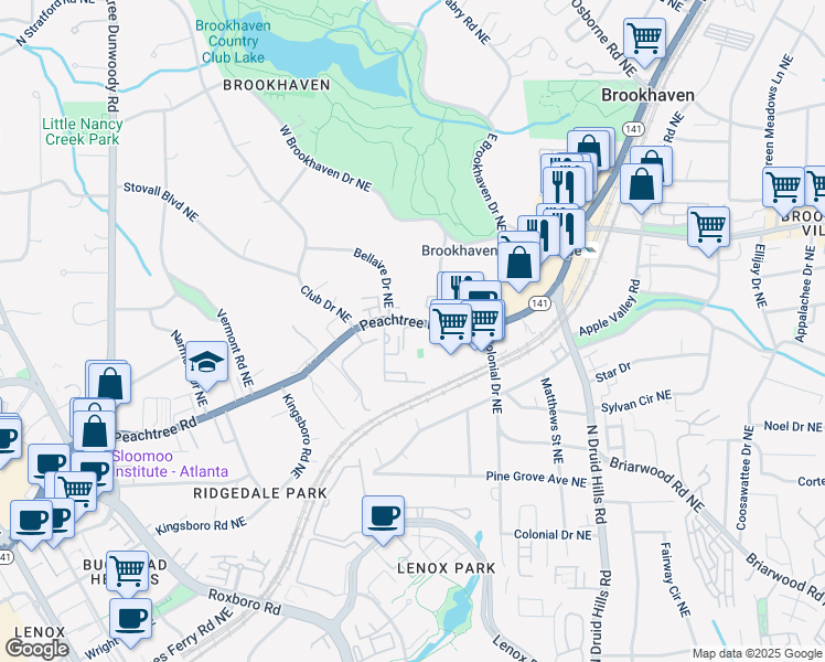 map of restaurants, bars, coffee shops, grocery stores, and more near 1258 Bellaire Drive Northeast in Atlanta