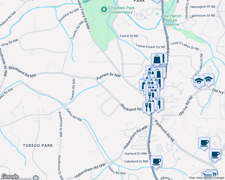 map of restaurants, bars, coffee shops, grocery stores, and more near 105 Blackland Road Northwest in Atlanta