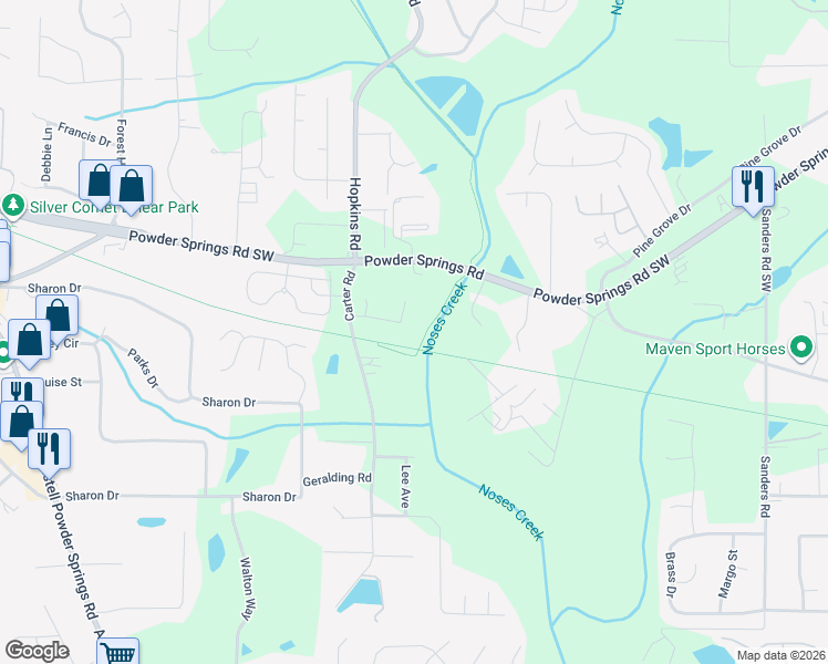 map of restaurants, bars, coffee shops, grocery stores, and more near 3916 Preston Place Court in Powder Springs