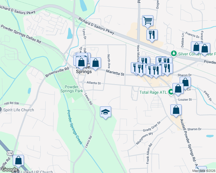 map of restaurants, bars, coffee shops, grocery stores, and more near 4321 Atlanta Street in Powder Springs