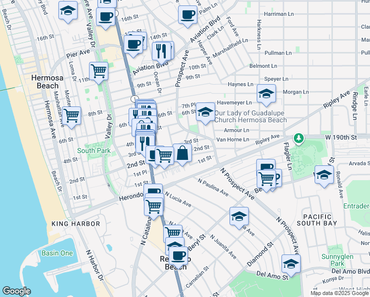 map of restaurants, bars, coffee shops, grocery stores, and more near 1041 2nd Street in Hermosa Beach
