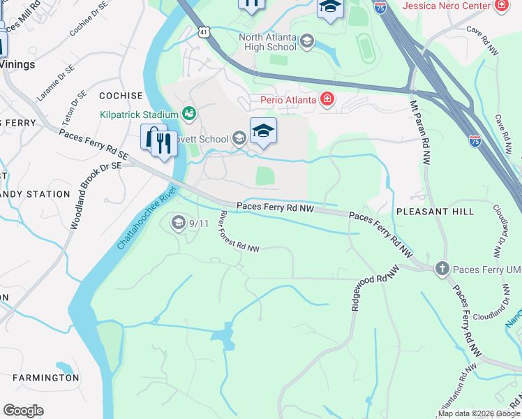 map of restaurants, bars, coffee shops, grocery stores, and more near 3901-4051 Paces Ferry Road Northwest in Atlanta