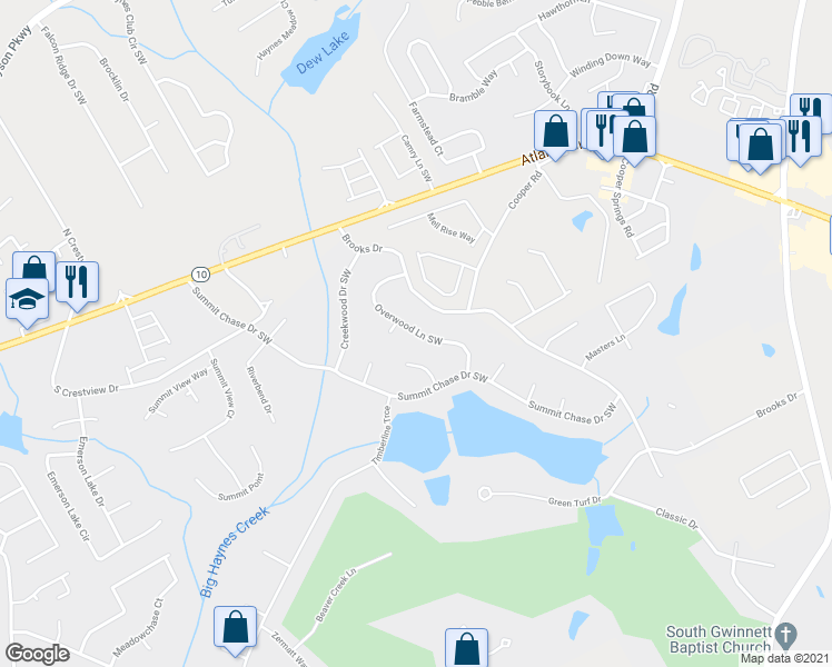 map of restaurants, bars, coffee shops, grocery stores, and more near 2933 Overwood Lane Southwest in Snellville