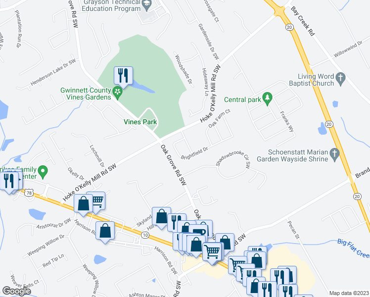 map of restaurants, bars, coffee shops, grocery stores, and more near 3669 Brightfield Lane Southwest in Loganville