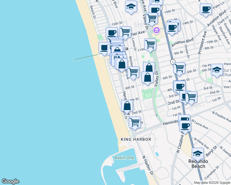 map of restaurants, bars, coffee shops, grocery stores, and more near in Hermosa Beach