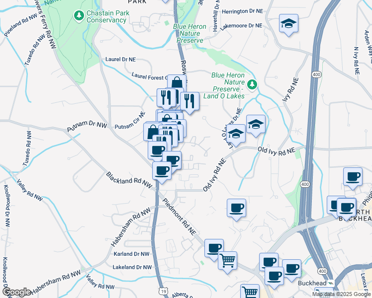 map of restaurants, bars, coffee shops, grocery stores, and more near 13 Ivy Square Northeast in Atlanta