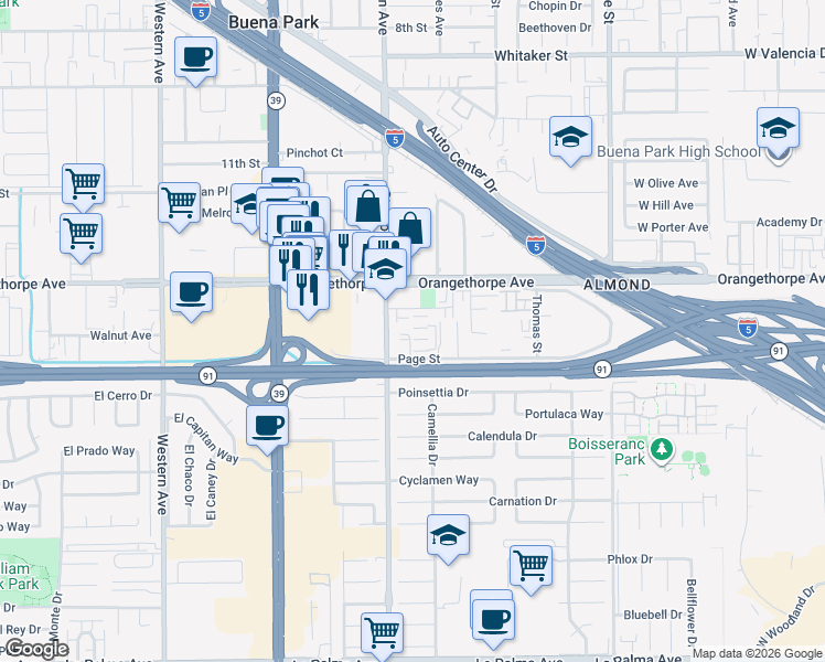 map of restaurants, bars, coffee shops, grocery stores, and more near 7043 Oregon Street in Buena Park