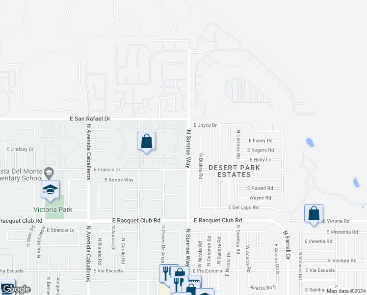 map of restaurants, bars, coffee shops, grocery stores, and more near 3012 Sunflower Circle East in Palm Springs
