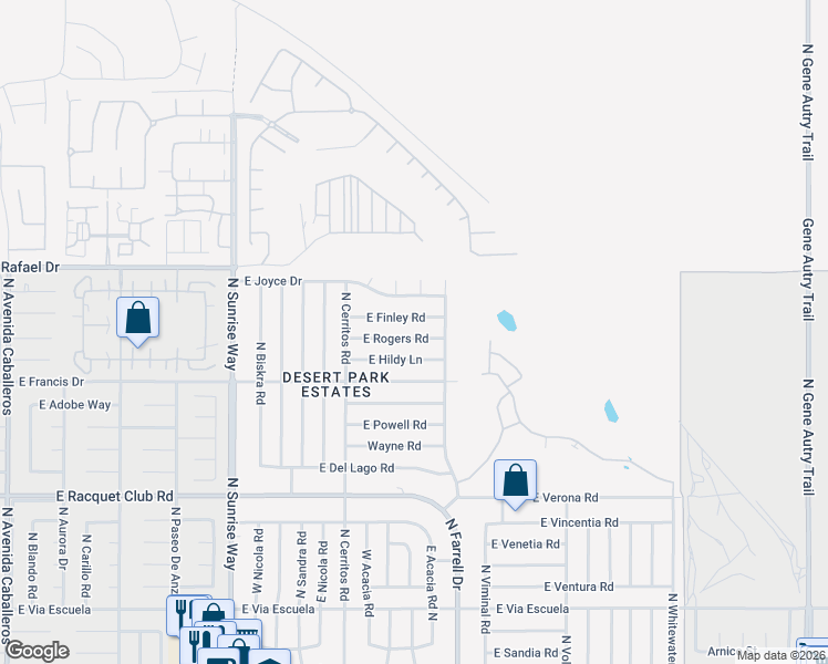 map of restaurants, bars, coffee shops, grocery stores, and more near 2326 East Finley Road in Palm Springs