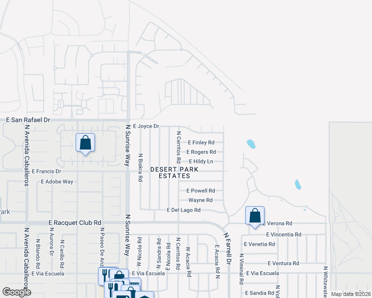 map of restaurants, bars, coffee shops, grocery stores, and more near 2180 East Finley Road in Palm Springs