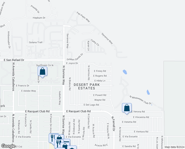 map of restaurants, bars, coffee shops, grocery stores, and more near 2144 East Rogers Road in Palm Springs