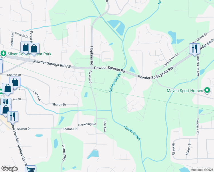 map of restaurants, bars, coffee shops, grocery stores, and more near 3916 Preston Place Court in Powder Springs