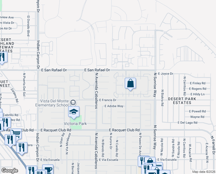 map of restaurants, bars, coffee shops, grocery stores, and more near 1126 Lucent Court in Palm Springs