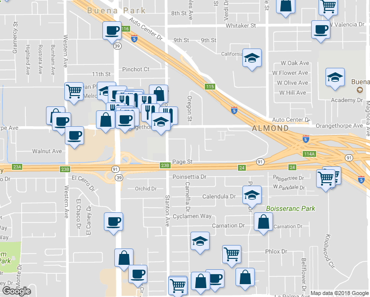 map of restaurants, bars, coffee shops, grocery stores, and more near 7047 Oregon Street in Buena Park