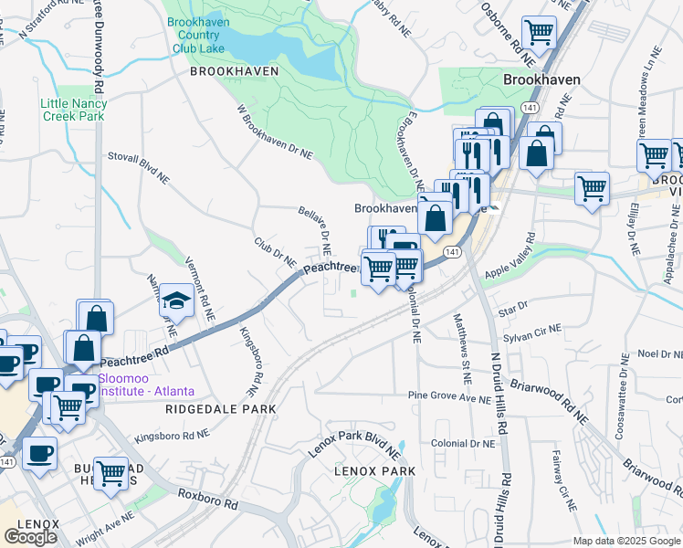 map of restaurants, bars, coffee shops, grocery stores, and more near 3833 Peachtree Road in Atlanta