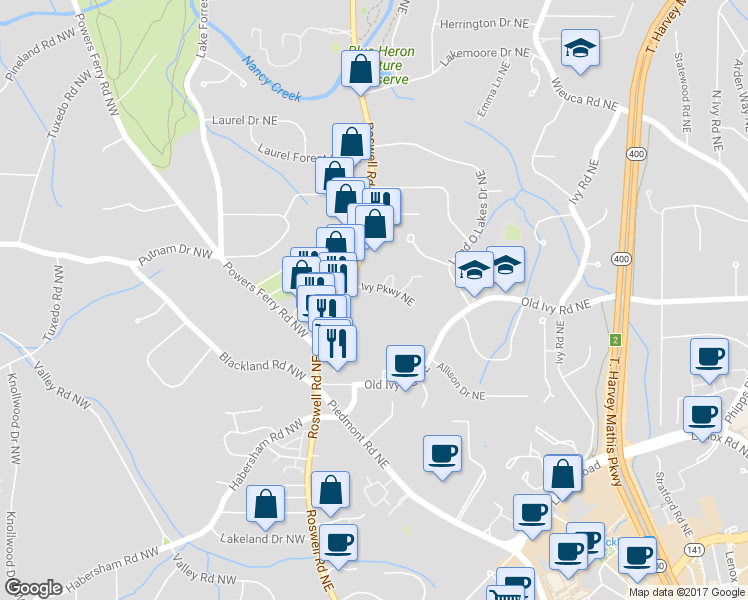 map of restaurants, bars, coffee shops, grocery stores, and more near 15 Ivy Square Northeast in Atlanta
