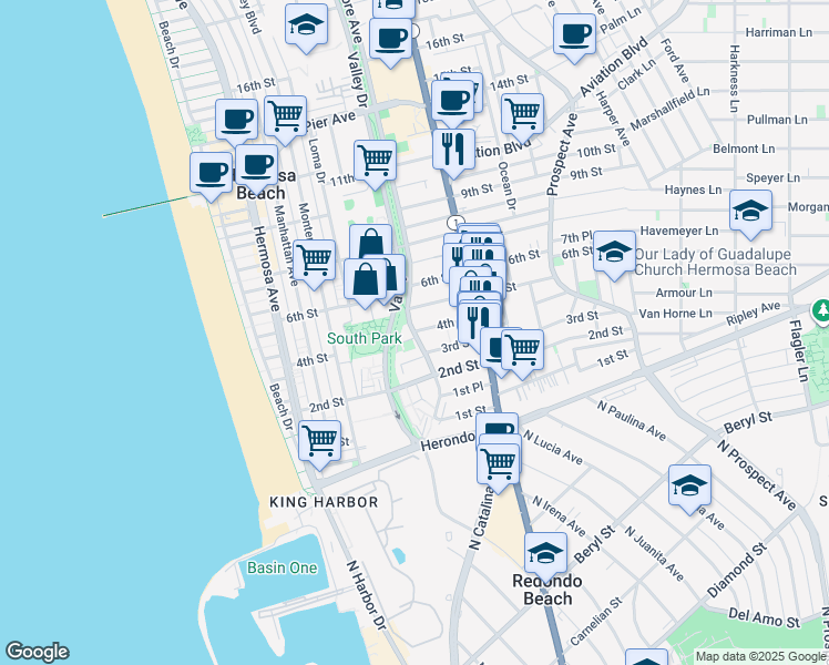 map of restaurants, bars, coffee shops, grocery stores, and more near Ardmore Avenue & 4th Street in Hermosa Beach