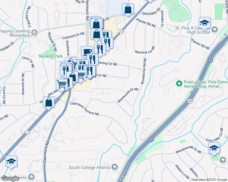 map of restaurants, bars, coffee shops, grocery stores, and more near 2029 Dover Hill Place Northeast in Atlanta