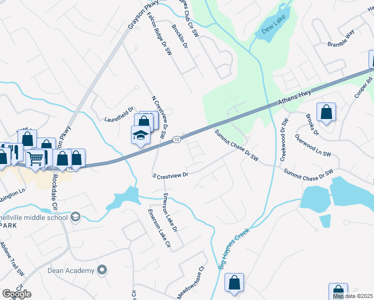 map of restaurants, bars, coffee shops, grocery stores, and more near 2141 Slick Stone Drive in Grayson