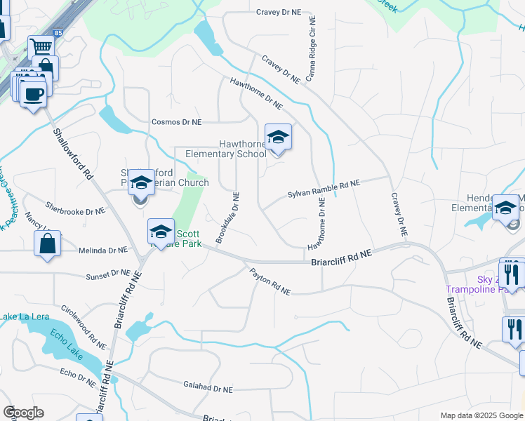 map of restaurants, bars, coffee shops, grocery stores, and more near 2000 Sylvan Ramble Road Northeast in Atlanta