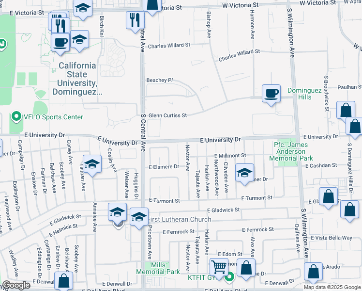 map of restaurants, bars, coffee shops, grocery stores, and more near 19008 Hillford Avenue in Carson